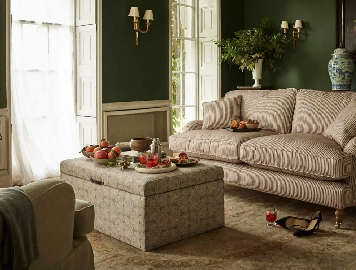 Birdham medium footstool in Spill Resistant Gertrude Jekyll Ornamental Duck Egg and Alwinton 3 seater sofa in Spill Resistant Sussex Stripe Mocha_mobile